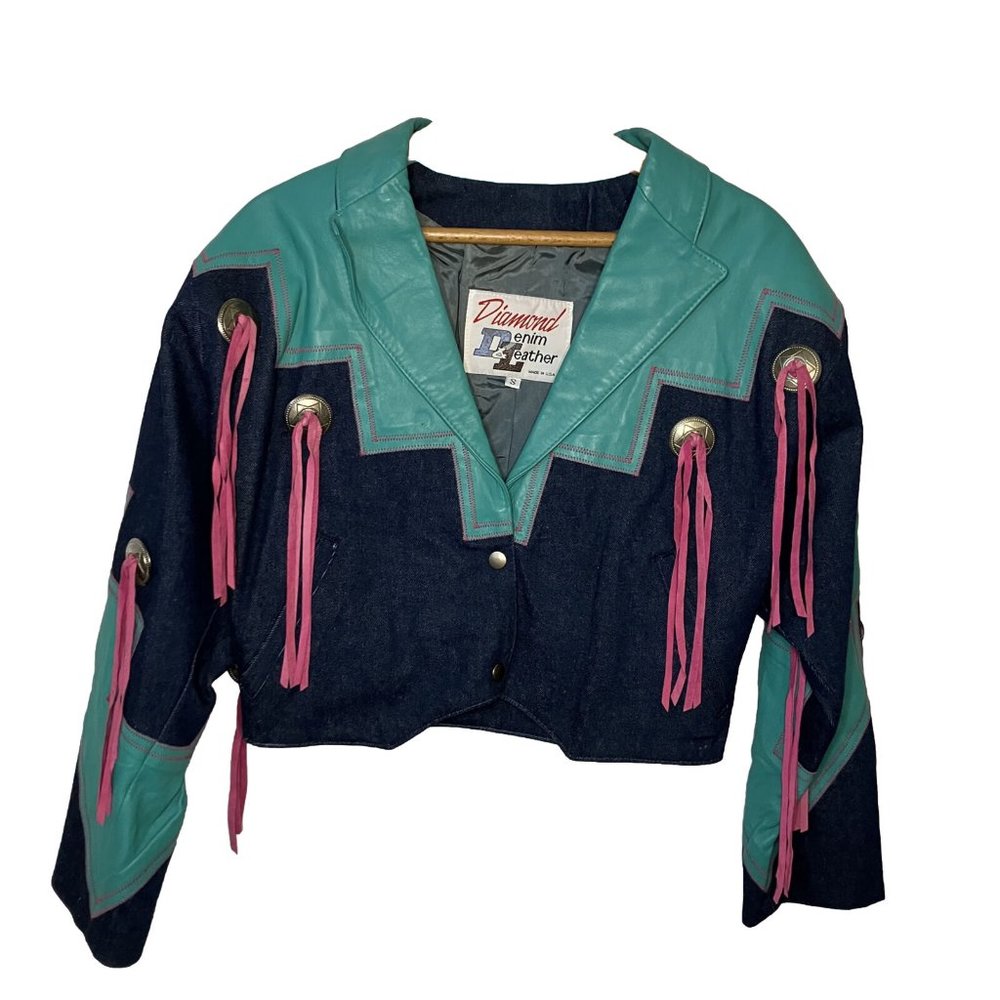 Vintage Diamond Denim & Leather Western Bright Fringe Cowboy Cowgirl Crop Jacket - Picture 1 of 11